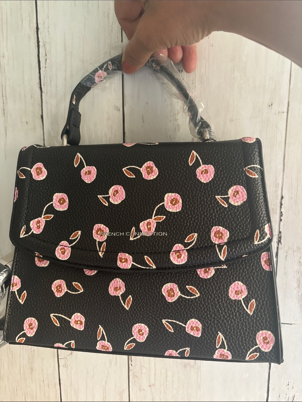 Black Floral Top-Handle Satchel with Pink Flowers